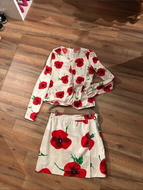 Moschino White Mini Skirt Set with Red Poppy Print